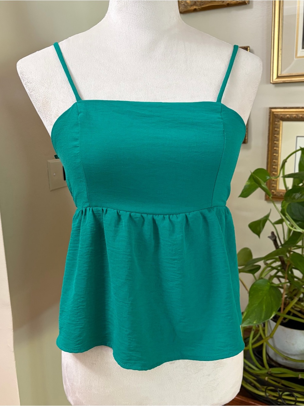 Monteau Med green Spaghetti Strap Peplum Top with bow tie back